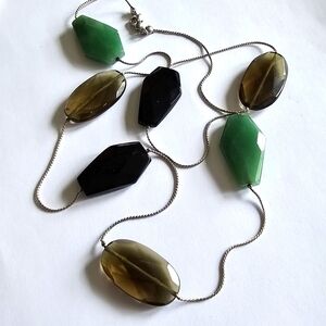 Necklace Coffin shaped Green smoky black silver tone long